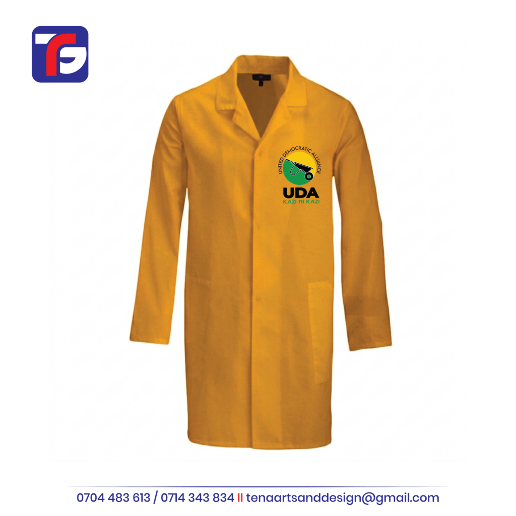 Branded dust coat Kenya – custom logo printed lab coat