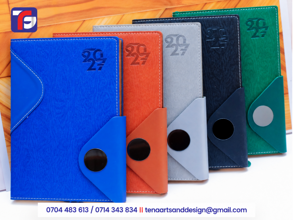A5 T20 executive diary in brown, black, grey, blue and green, Tenagraphics EA Kenya