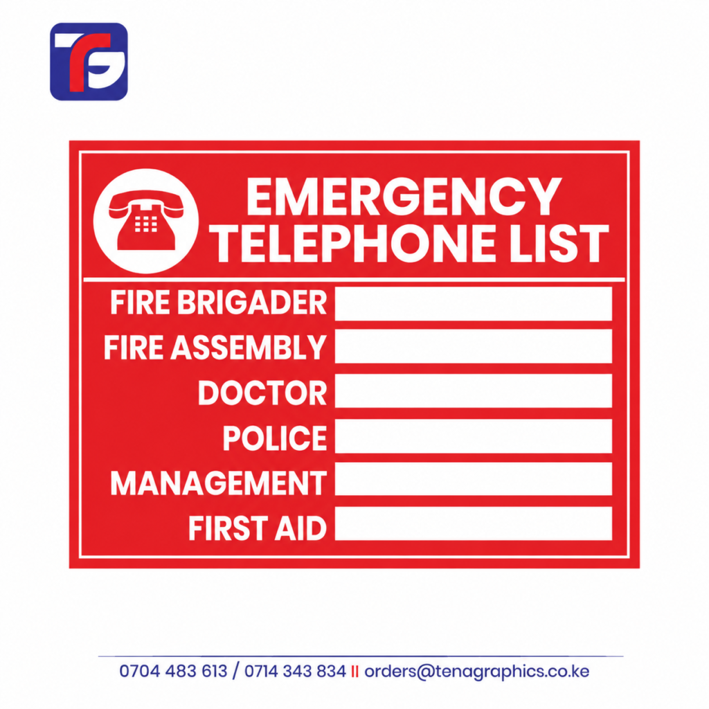 Custom printed A2 size red and white "EMERGENCY TELEPHONE LIST" safety compliance signboard featuring fillable slots for Fire Brigader, Fire Assembly, Doctor, Police, Management, and First Aid by Tena Graphics EA Ltd in Nairobi, Kenya.