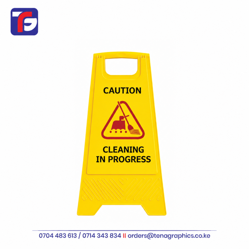 Custom printed high-visibility yellow "CAUTION: CLEANING IN PROGRESS" plastic A-frame floor sign board featuring a red hazard triangle icon with a cleaning mop symbol by Tena Graphics EA Ltd in Nairobi, Kenya.