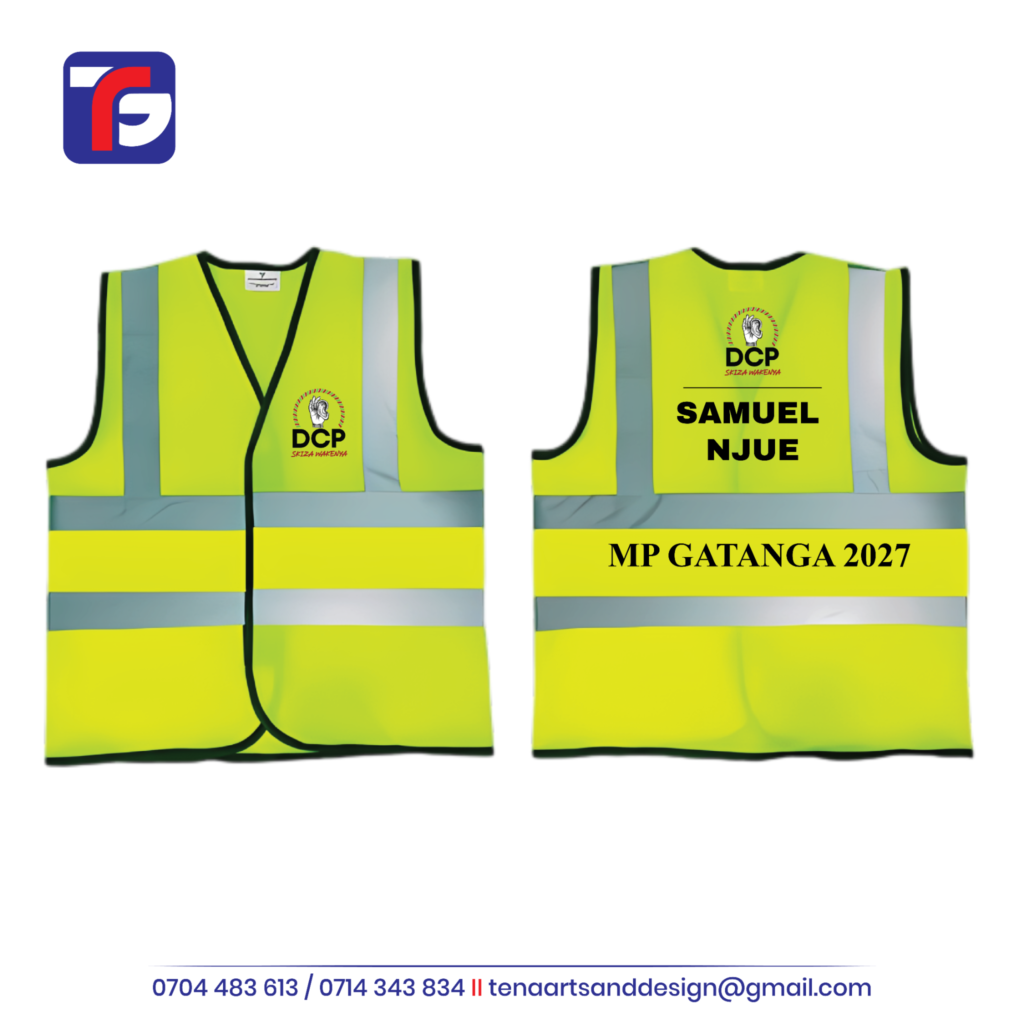 Lime-yellow DCP reflective jacket with silver bands, front logo and Samuel Njue MP Gatanga 2027 wording on the back.