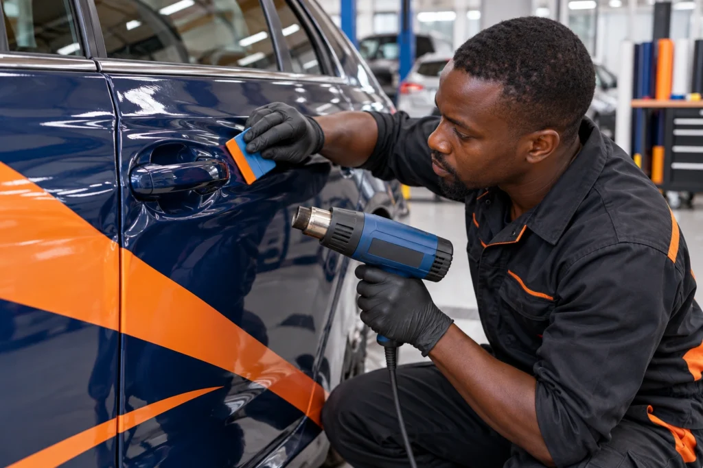 Professional car vinyl installation and UV lamination in Nairobi by Tena Graphics.