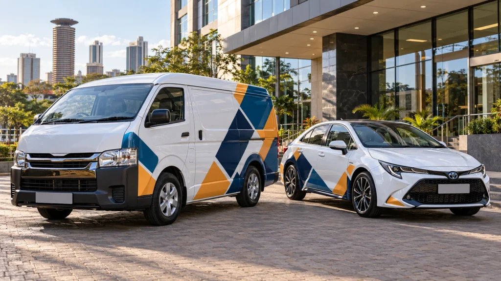 Vehicle branding cost guide in Kenya featuring full wrap and partial branding options by Tena Graphics.