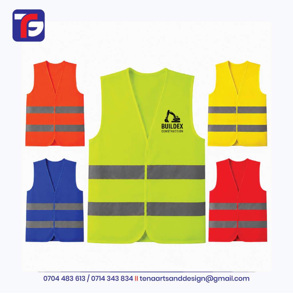 100gsm reflector vest in lime yellow with Buildex Construction branding, alongside orange, yellow, blue and red examples.