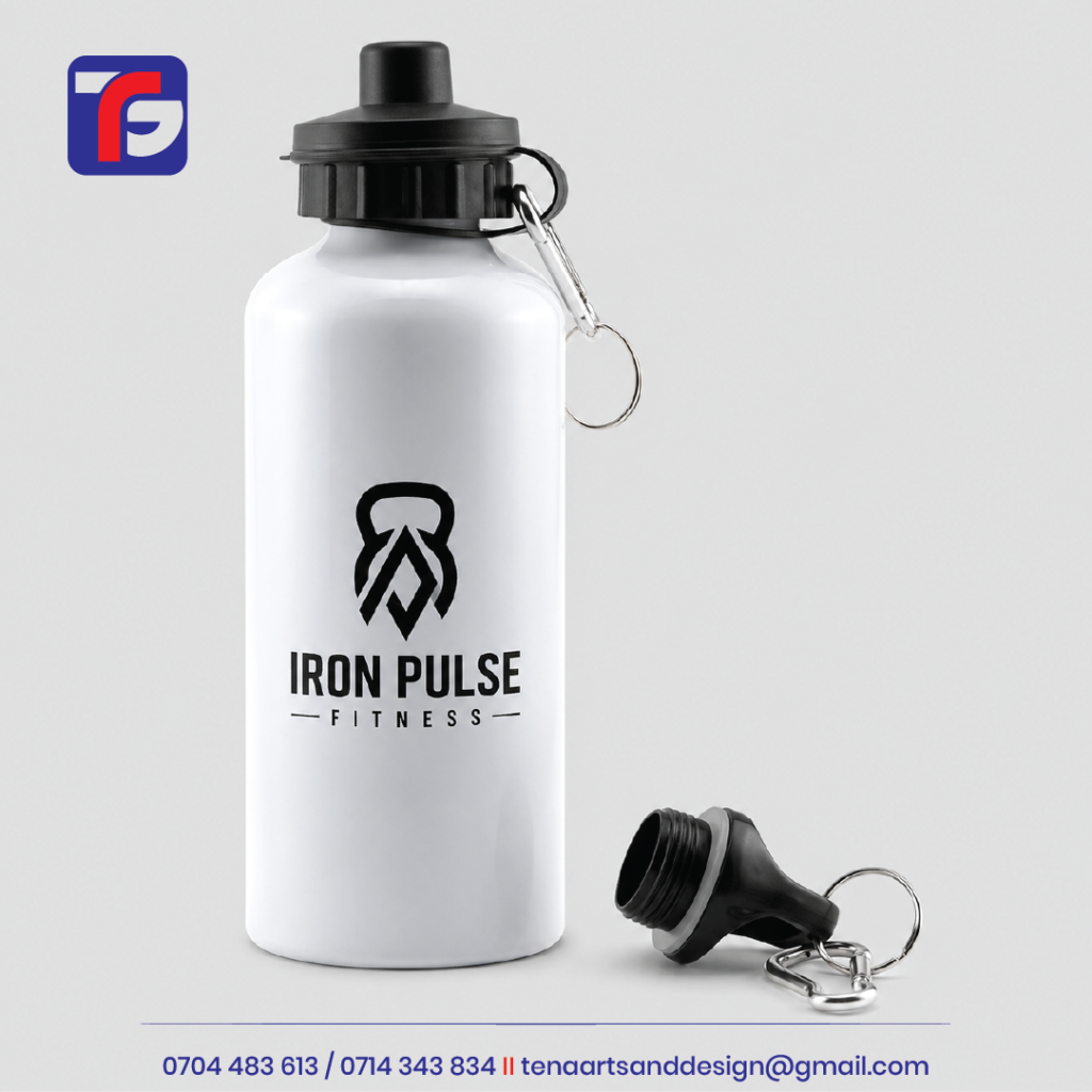 450ml branded water bottle Kenya with Iron Pulse Fitness logo, black spout lid and silver carrying clip.