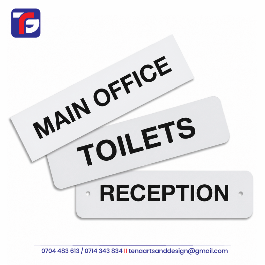 Amenity Name Signage Kenya with white room plates labelled Main Office, Toilets and Reception in black lettering