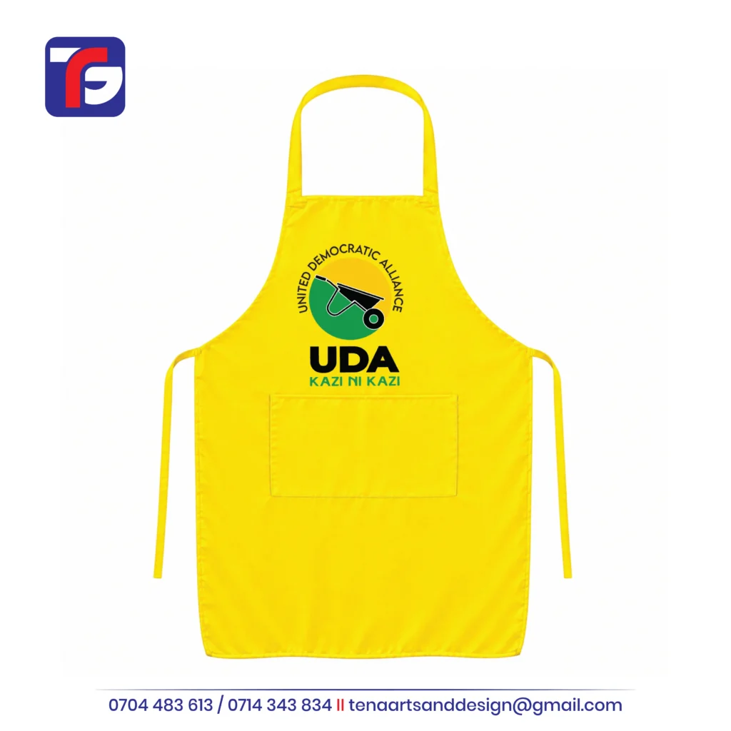 Yellow UDA branded apron with wheelbarrow logo, green KAZI NI KAZI wording, neck loop, waist ties and front pocket.