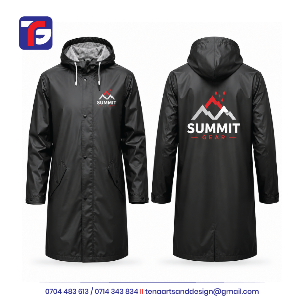Branded black raincoat shown front and back with a drawstring hood, angled flap pockets and Summit Gear logos.
