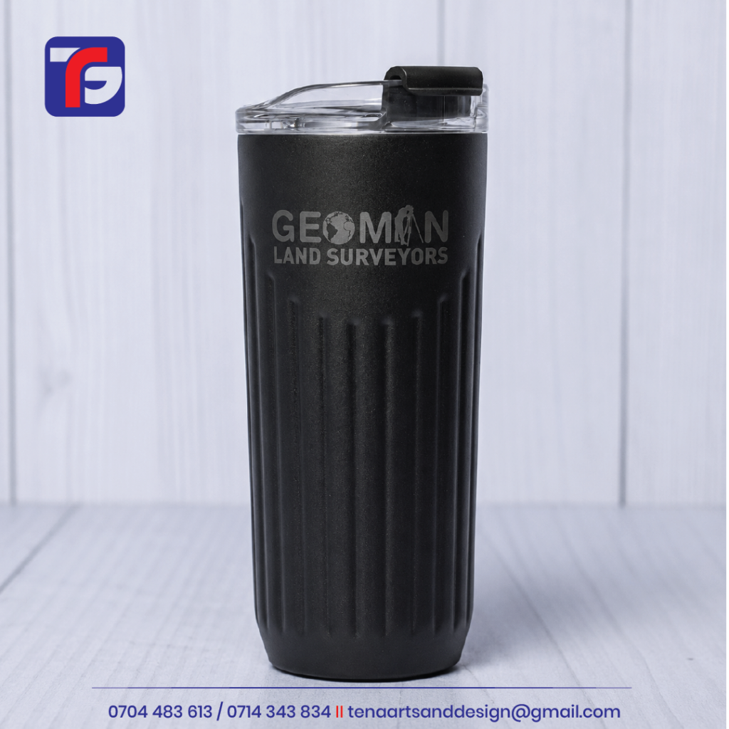 Black ribbed tumbler with grey GEOMAN Land Surveyors branding, a clear lid and a black drinking closure.