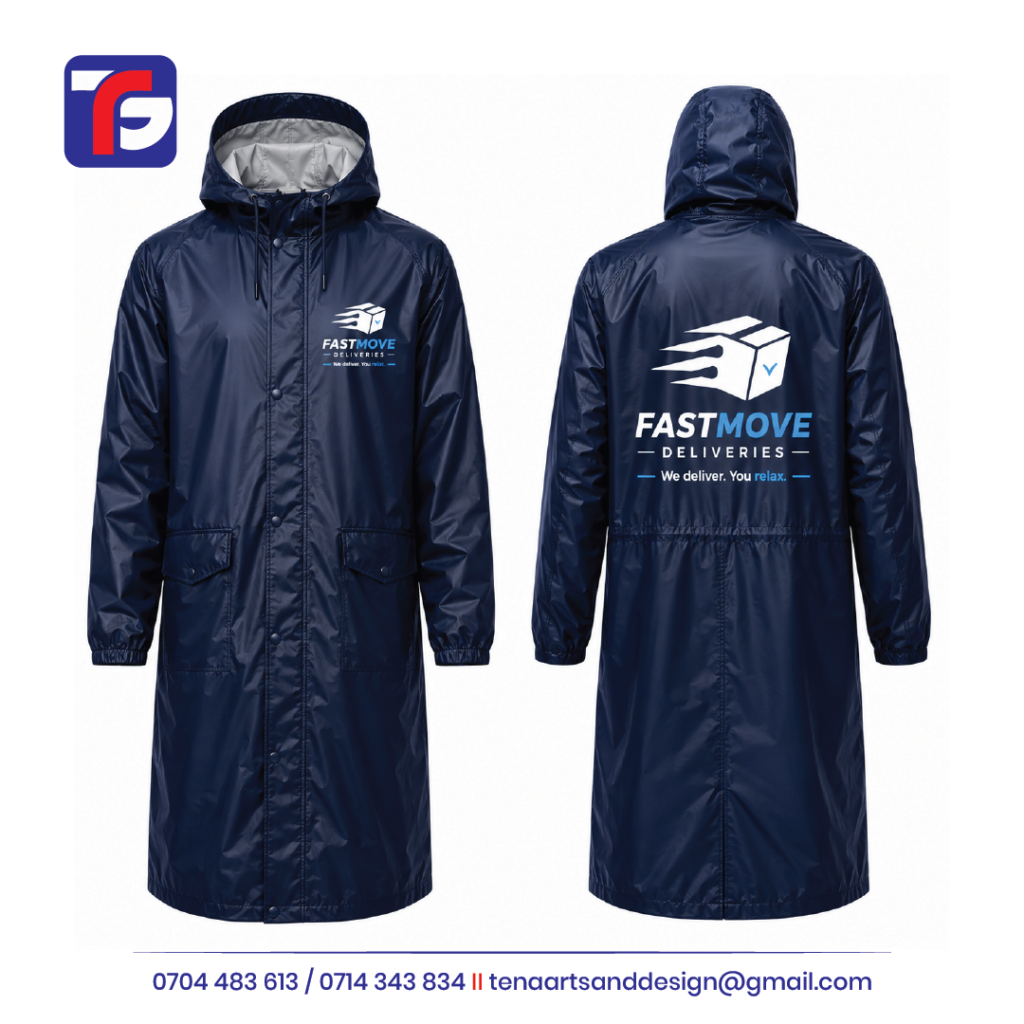 Branded delivery raincoat in navy blue with a drawstring hood, front flap pockets and Fastmove Deliveries chest and back logos.
