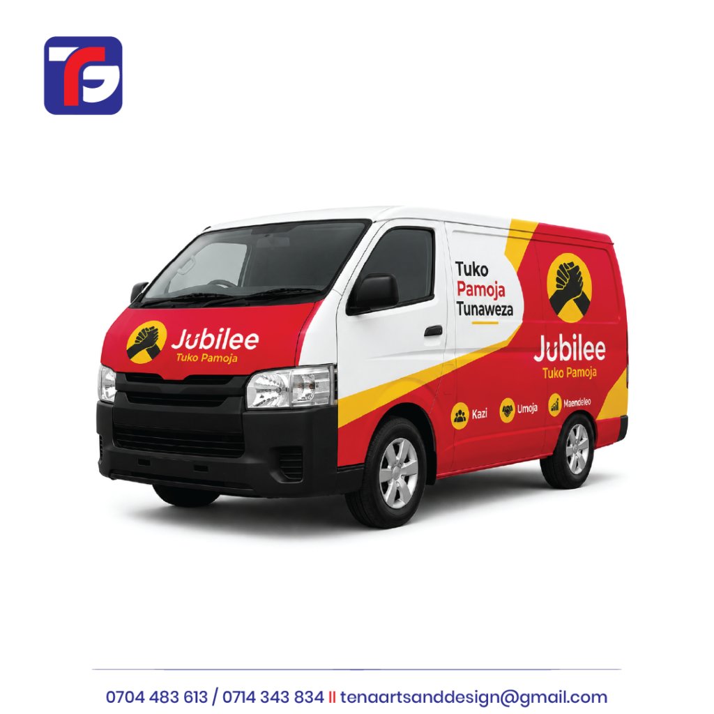 White campaign van with red and yellow Jubilee graphics, clasped-hands logos and Tuko Pamoja wording on the front and side.