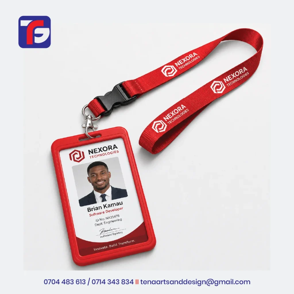 Red branded lanyard with white NEXORA TECHNOLOGIES logos, detachable black buckle and matching portrait ID card holder.