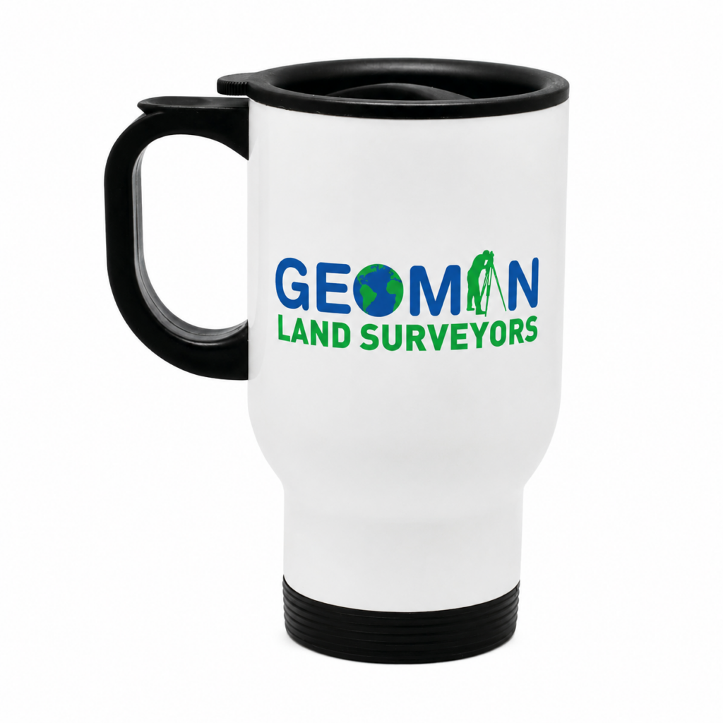 Branded thermal travel mug Kenya with Geoman Land Surveyors logo, white body, black handle and lid.