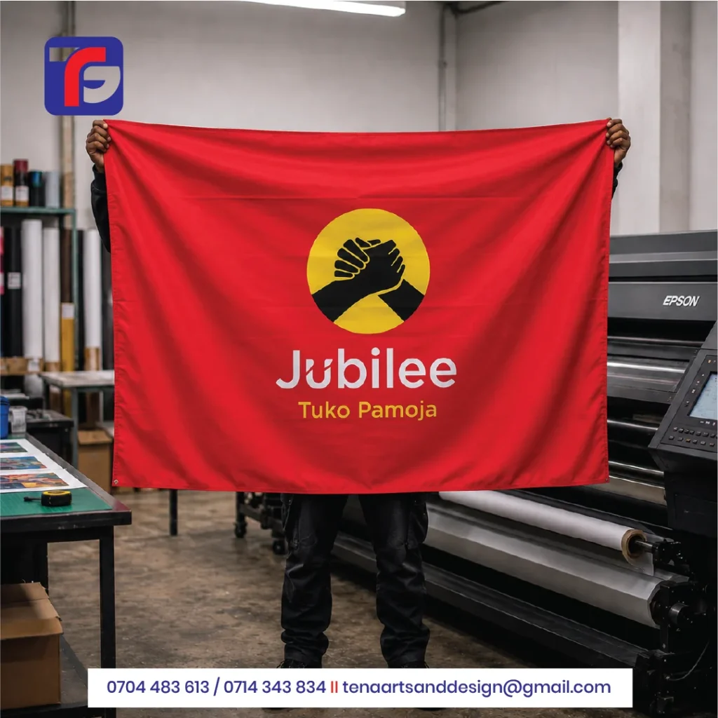 Red Jubilee campaign flag with a black clasped-hands emblem in a yellow circle, white Jubilee lettering and yellow Tuko Pamoja wording.