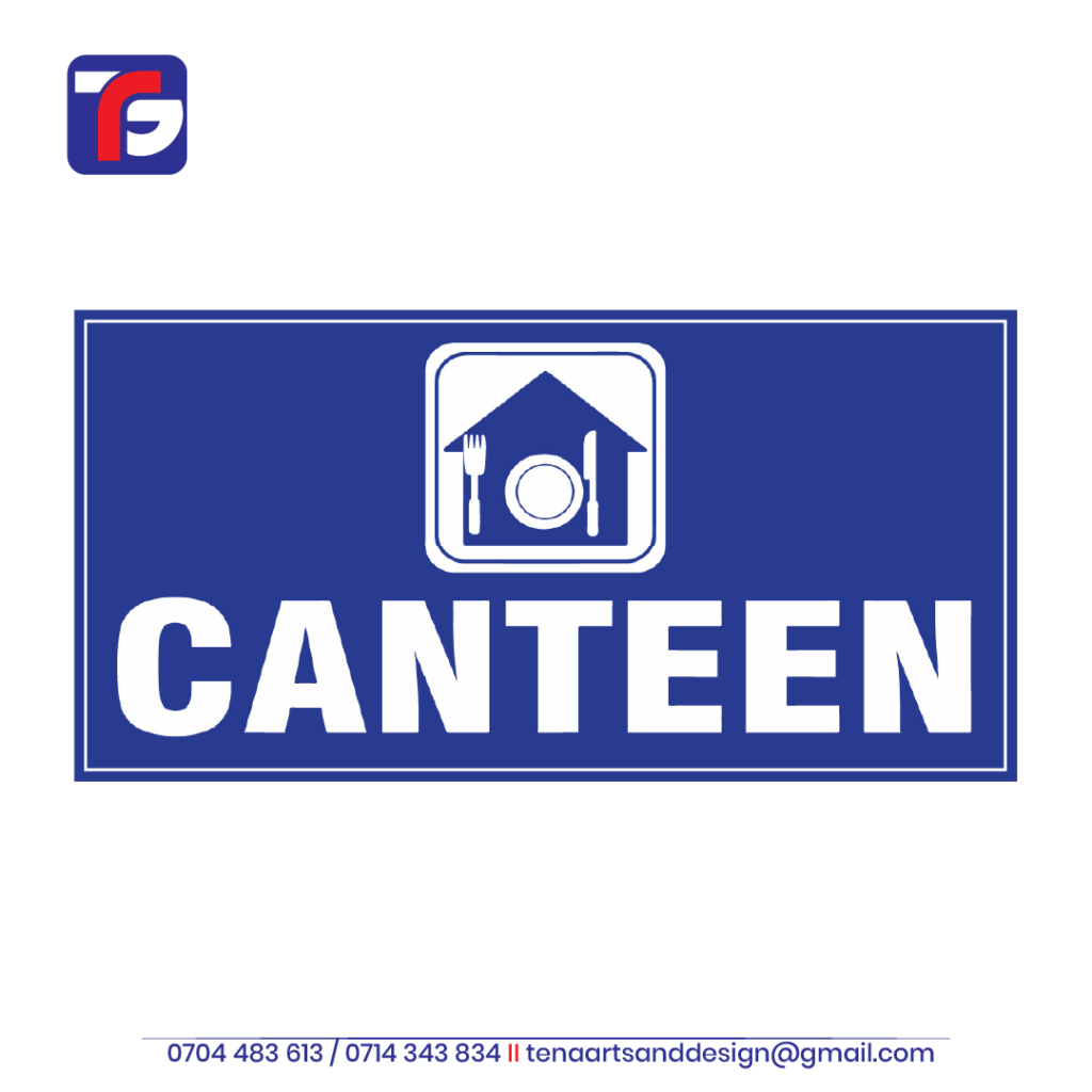Canteen Sign Kenya with white CANTEEN lettering and a plate, fork and knife pictogram on a blue background.