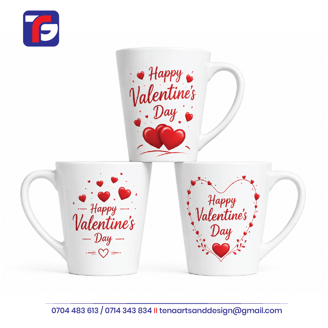 Valentine’s Day conical mugs in white with three red Happy Valentine’s Day designs featuring hearts and curved handles.
