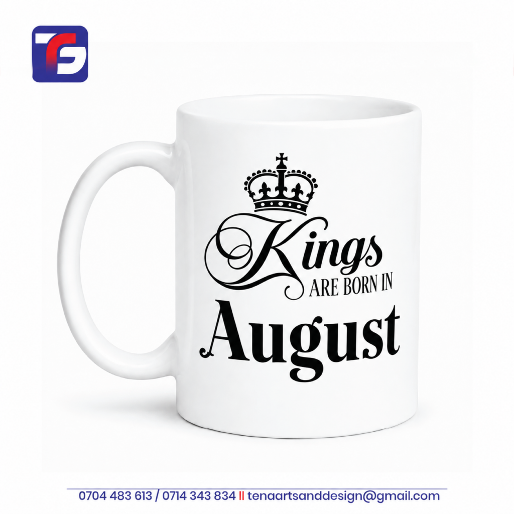 White August birthday mug with black Kings Are Born in August lettering and a king’s crown.