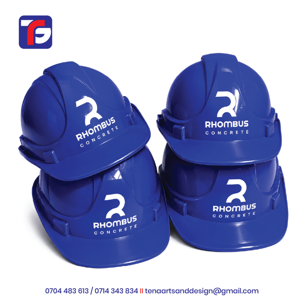 Branded Blue safety helmets with white Rhombus Concrete branding and short front peaks.