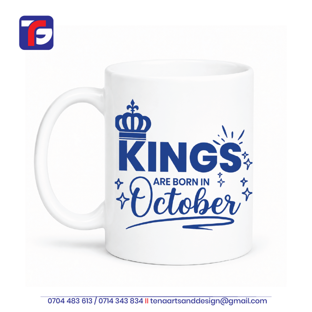 October birthday mug Kenya in white with blue Kings Are Born in October lettering, a crown and decorative sparkles.