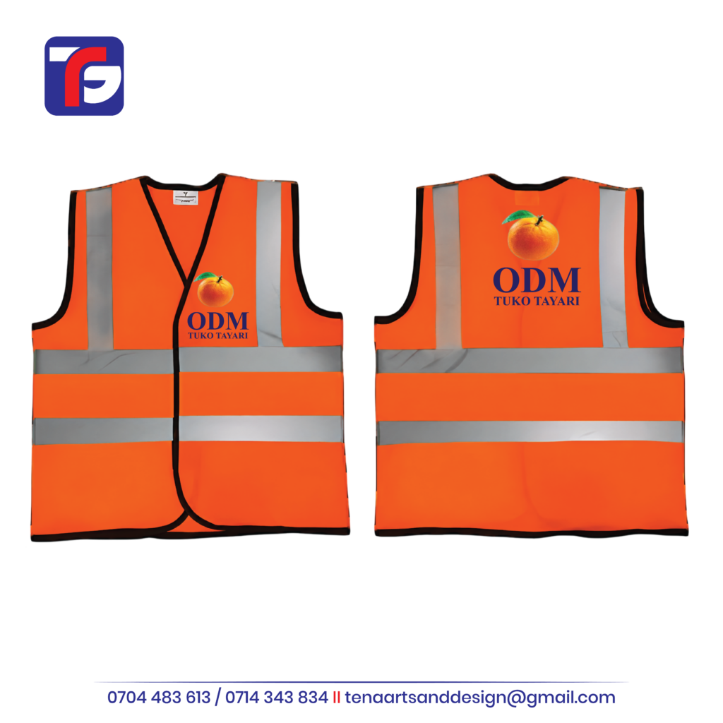 Front and back of an orange ODM reflector vest with silver strips, orange fruit logos and Tuko Tayari wording.