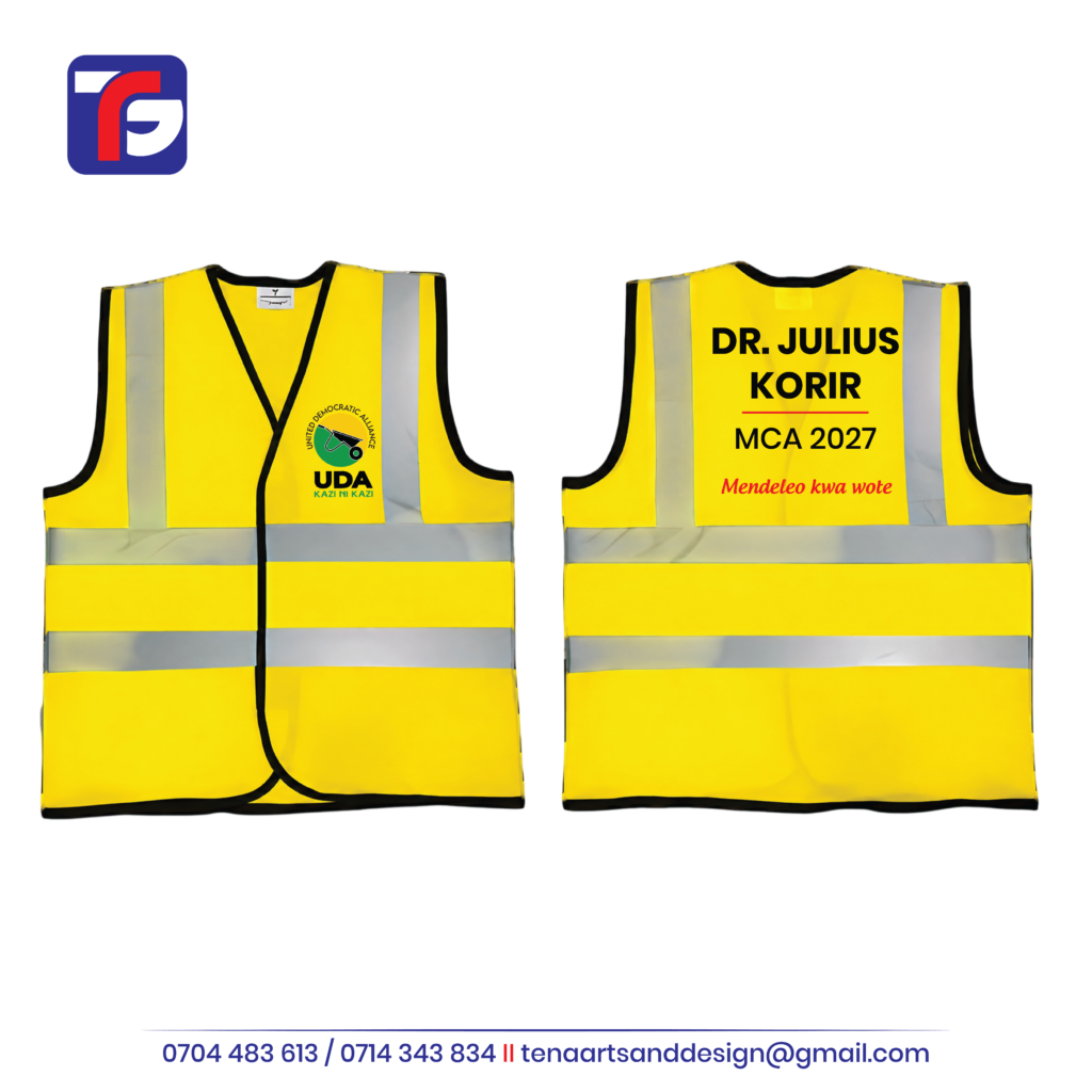 Front and back of a yellow UDA reflector vest with silver strips, front party logo and personalised election wording.