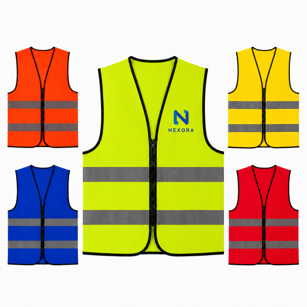 Zip front reflector vest with black trim and two reflective bands, shown in lime yellow, orange, yellow, royal blue and red.