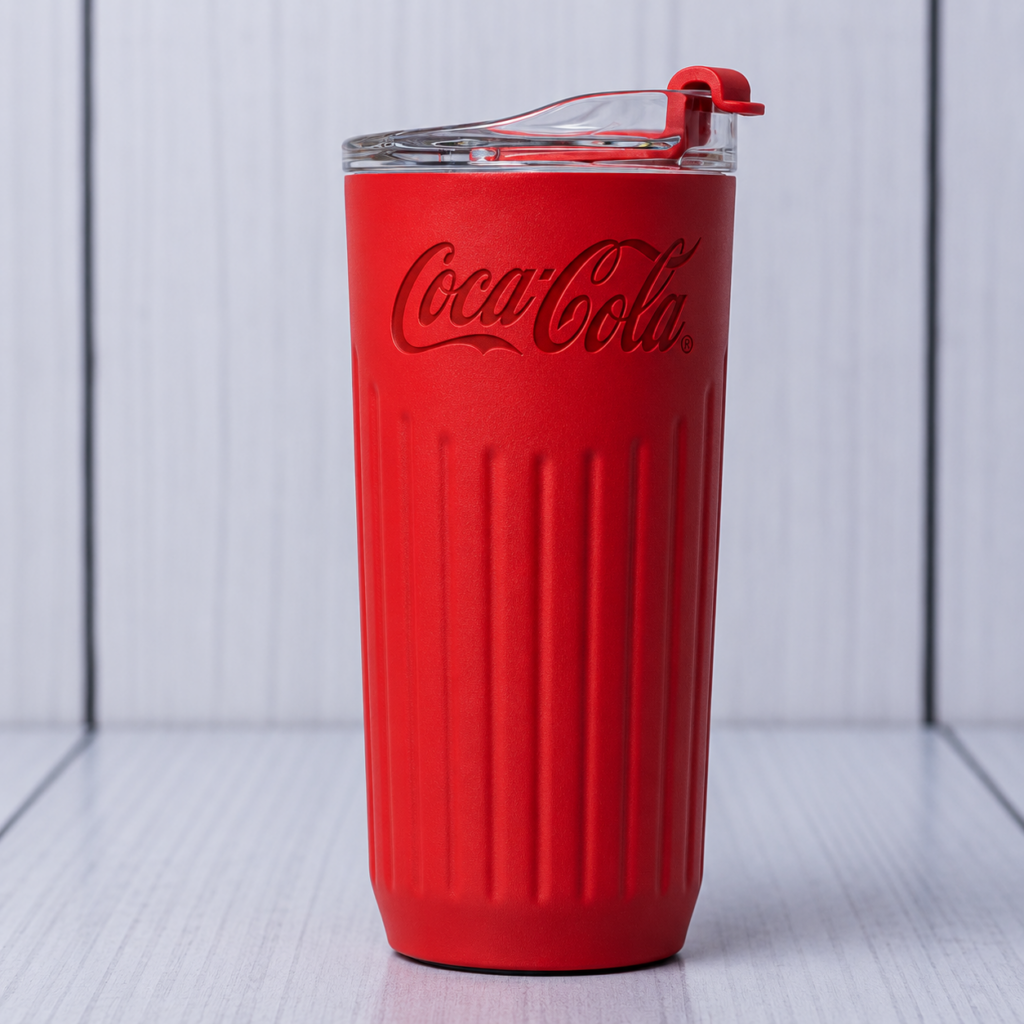 Red ribbed tumbler Kenya with Coca-Cola branding, a clear lid and red drinking-opening closure.