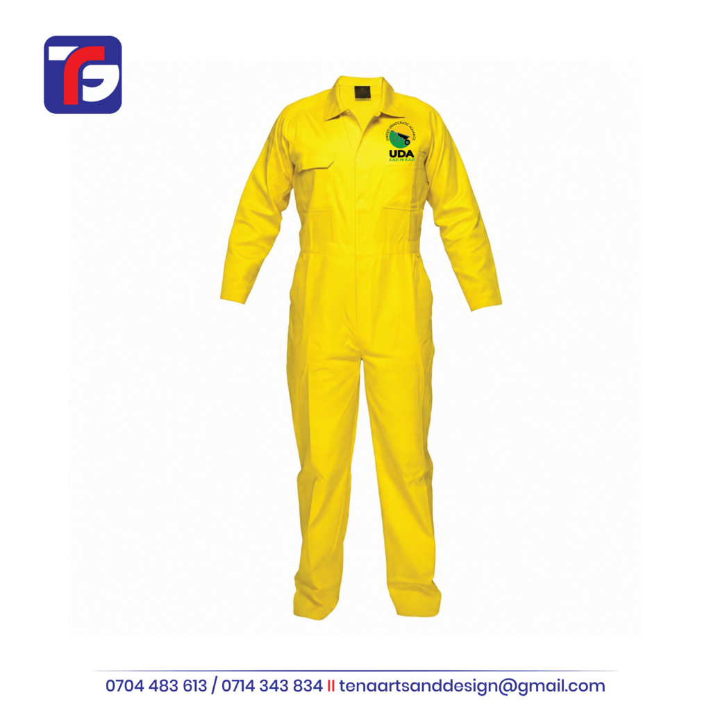 Yellow UDA Branded Overalls with chest logo, long sleeves and a fold-down collar