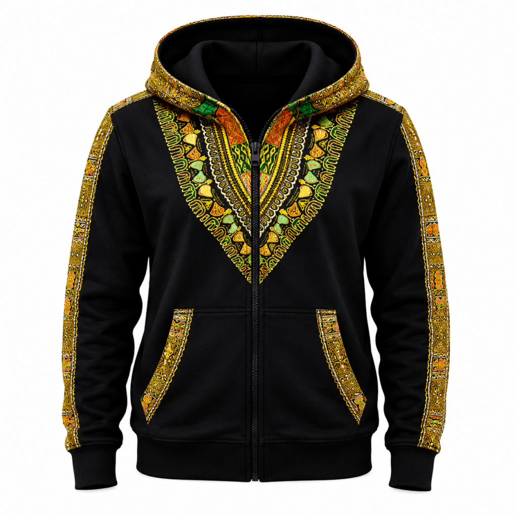 Black Ankara zip-up hoodie with gold-yellow chest patterns, patterned hood, sleeve strips and front pocket trim.