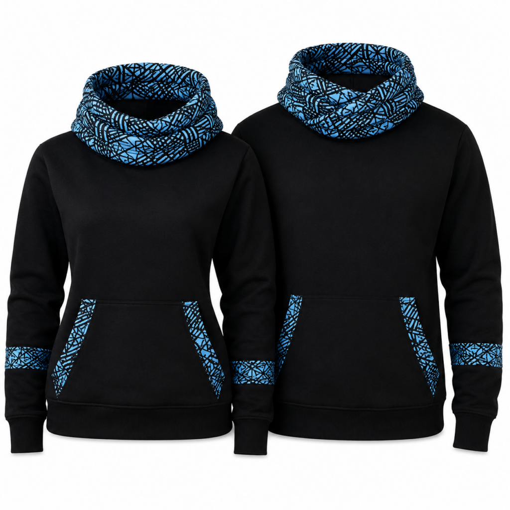 Two black circular neck African print hoodies with blue patterned necklines, pocket trim and lower sleeve bands.