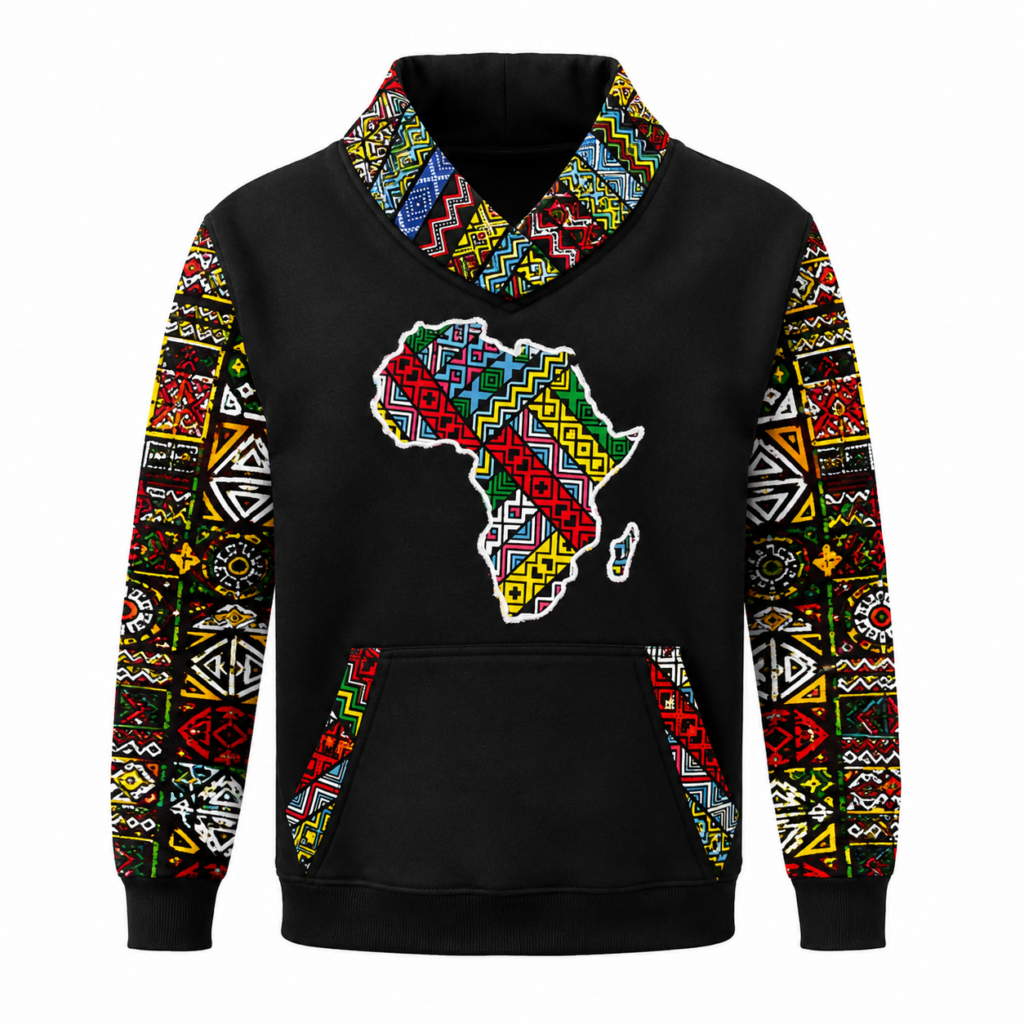 Black Africa map Ankara hoodie with multicoloured patterned sleeves, crossover hood trim and kangaroo pocket accents.