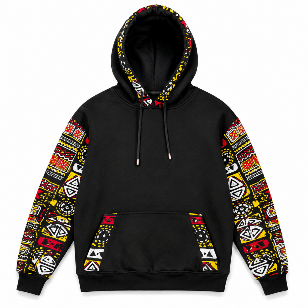 Black Ankara hoodie Kenya with red, yellow and white patterned sleeves, hood trim and kangaroo pocket accents.