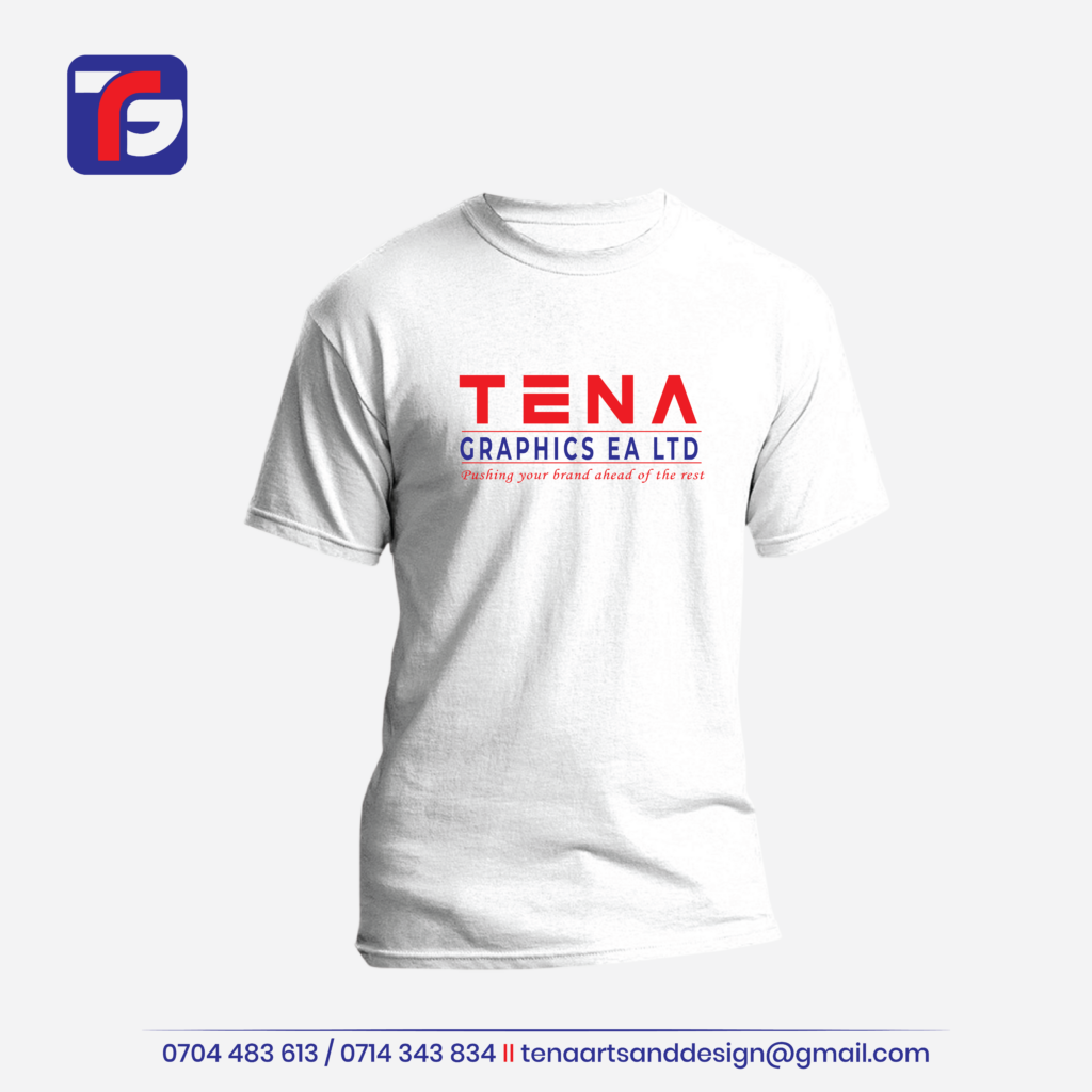 White company logo round neck T-shirt with red and blue Tena Graphics branding centred on the chest.